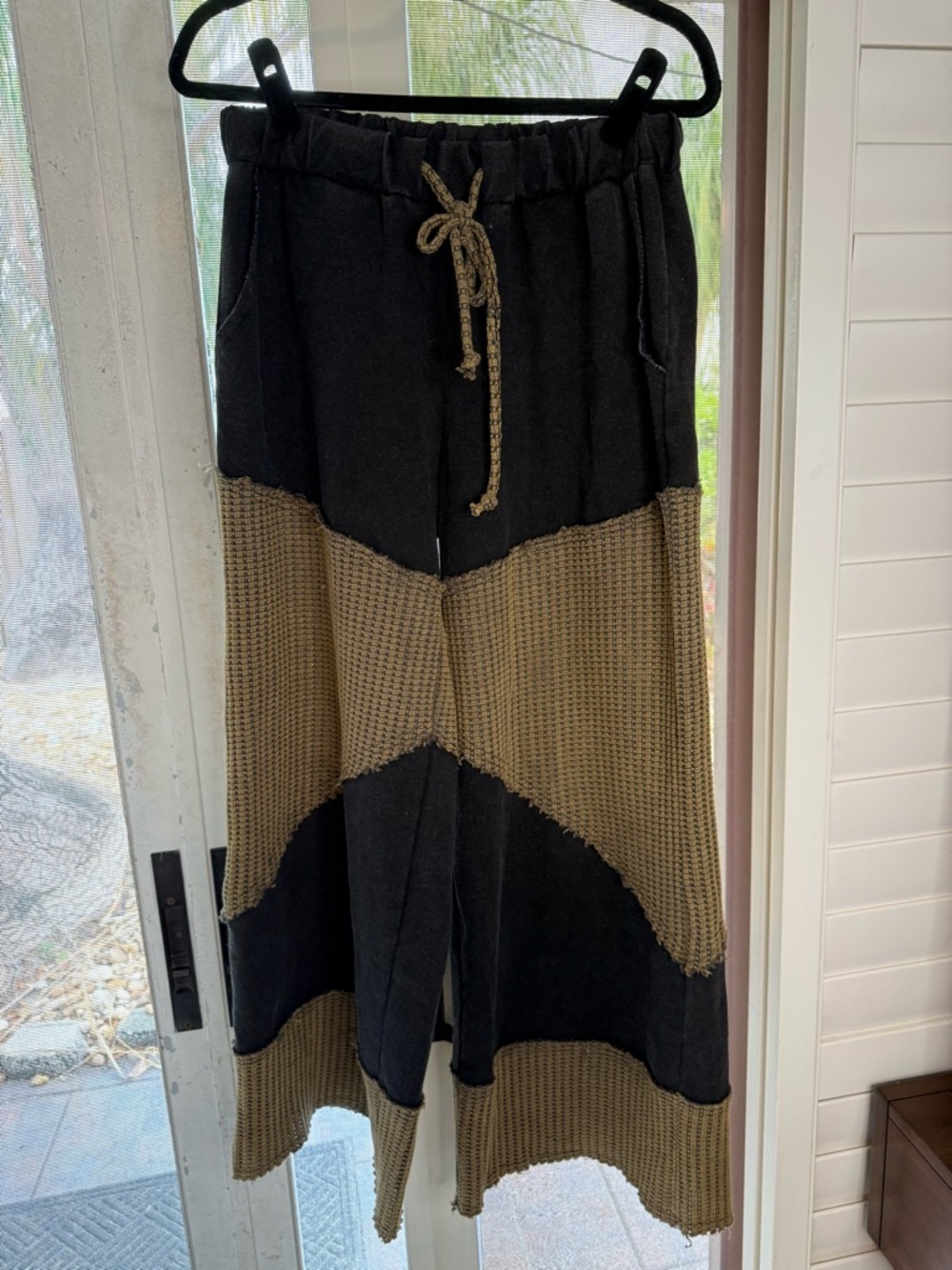POL Wide Leg Colorblock Knit & Woven Pants in Black and Brown